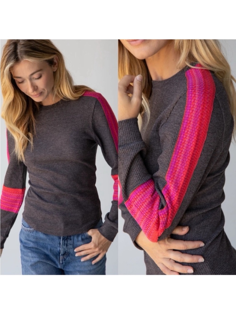 Natural Life London Trim Thermal Knit Top Gray Pink Size Medium Long Sleeves